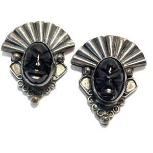 VTG Mexico Screw Back Earrings Carved Black Onyx Aztec Warrior Sterling Silver